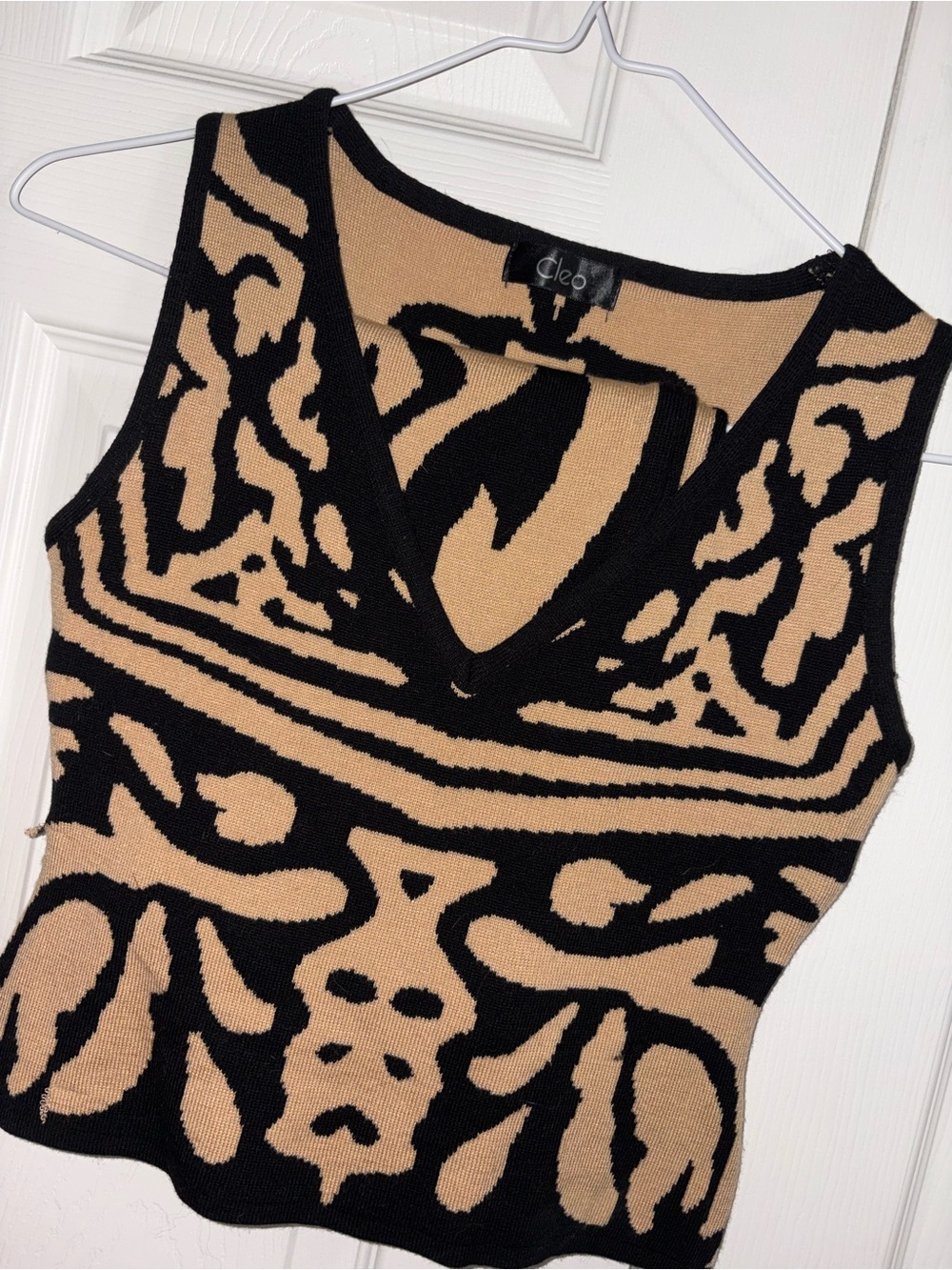 cleo Black and Tan Graphic V-Neck Knit Tank - Picture 1 of 2